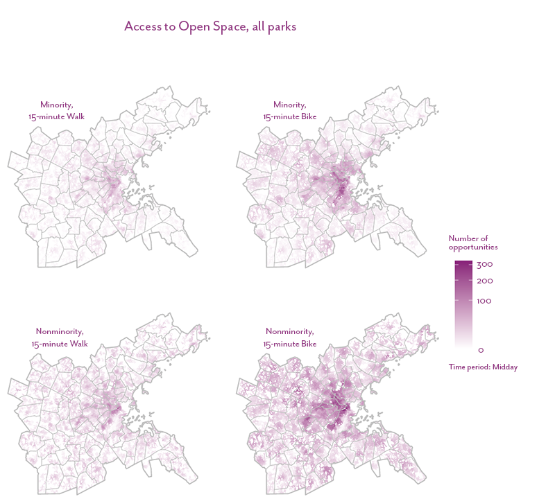 Figure 29 is a map that shows the number of outdoor recreation opportunities accessible within a 15-minute bicycle or walk trip for the minority and non-minority populations living in the Boston region. 